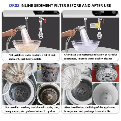 Comparison of washing machine and sink before and after using High Flow 40 Micron Brass Sediment Filter for home and RV systems.