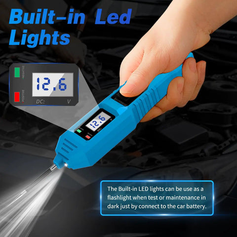 Versatile 6V 12V 24V Automotive Circuit Tester For Cars And Trucks, Fast Short Circuit Finder And Fuse Voltage Tester Light, hand holding blue tester with LED light on