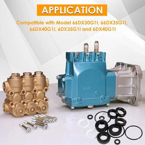 Beefed Up Seal Kit For 66DX And 6DX Pressure Washer Pumps with replacement seals, shown with pump and O-rings on white surface.