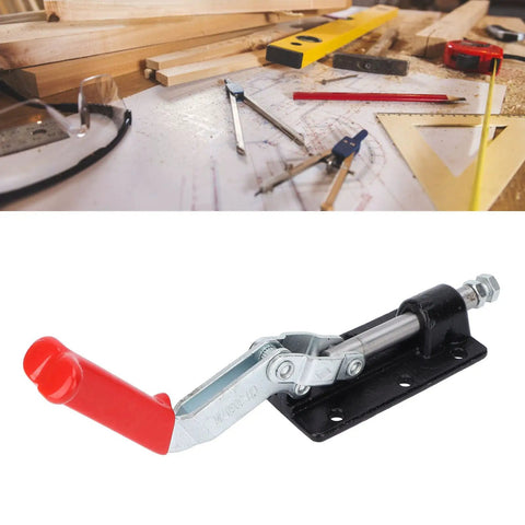Heavy Duty Push Pull Toggle Clamp Delivering Knockout Grip And Quick Release Action For Rock Solid Welding Jigs and Real World Garage Shop Work Industrial Grade Holding Tool shown on a workbench.