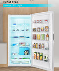 Bumper Fit 21 2 Cubic Foot Upright Freezer Fridge With Jacked Up Storage And Quick Chill Circulation Ready For Your Garage Apartment Or Dorm Room In Crisp White with LED lighting and organized contents.