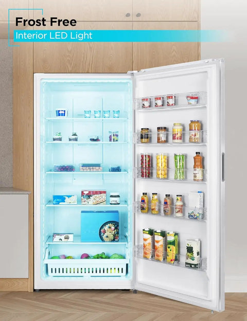 Bumper Fit 21 2 Cubic Foot Upright Freezer Fridge With Jacked Up Storage And Quick Chill Circulation Ready For Your Garage Apartment Or Dorm Room In Crisp White with LED lighting and organized contents.