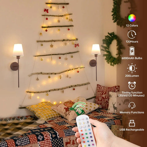 Ditch Old Fixtures For This Pack Of 2 Battery Powered Wall Sconces Boasting A Heavy Duty Iron Frame And Rich Walnut Trim With Seamless Dimming And A Massive 6000 Mah Battery For A Smooth Chill Glow Anywhere, next to a decorated wall with fairy lights.