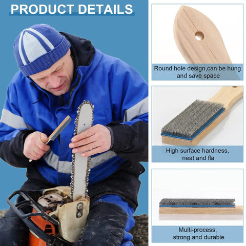 Person using 2 Piece Steel File Card Brush Set 8 Inch Abrasive Hand File Cleaner to maintain chainsaw blade edge outdoors.