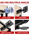 Heavy Duty Workbench Mount Vise Holder And Bench Grinder Stand Adapts To Standard Two Inch Hitch Receiver shown in various mounting positions.