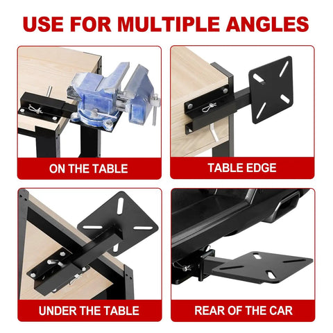 Heavy Duty Workbench Mount Vise Holder And Bench Grinder Stand Adapts To Standard Two Inch Hitch Receiver shown in various mounting positions.