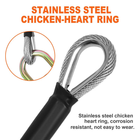 Steel Core Flip Line For Tree Climbing With Half Inch By Eight Foot Wire Rope Heavy Duty Triple Lock Carabiner Adjuster Steel Swivel Snap Fall Protection Gear For Arborists And Tree Climbers 20 kN Breaking Strength showing stainless steel chicken-heart ring.