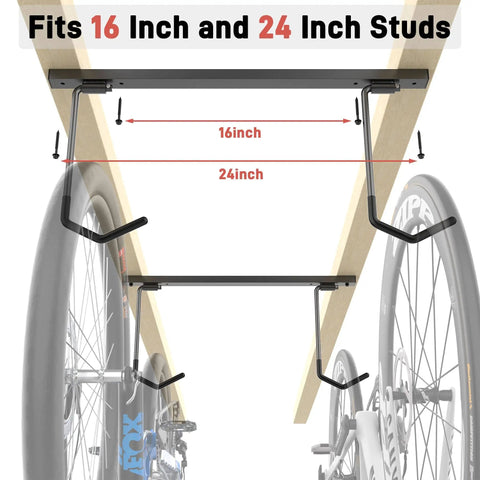 Ceiling Bike Rack For Garage And Home Storage Hang Indoor Bicycles Up To Two Horizontally Or Four Vertically With Adjustable Hooks 25 Inch Durable Steel Construction Rust Resistant Space Saving showing fit for 16 and 24 inch studs