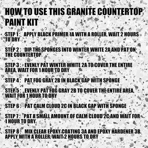 Instructions for using Granite Countertop Paint Kit Epoxy Refinishing For Kitchen And Bath 25X Thick Bright Gloss Coating In Pearl White DIY.