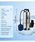 Submersible Sump Pump For Sewage And Clean Water 1300W Tough As Nails Stainless Steel Build IPX8 Waterproof, 15.7 in tall.