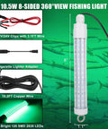 Ultra Bright Underwater Fishing Light 10.5W 1000 Lumens Green 8 Inch Submersible Boat Lamp with accessories and dimensions