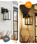 Built Tough Black Outdoor Wall Lantern With Waterproof Exterior Sconce showcasing on/off states, mounted on a porch wall.