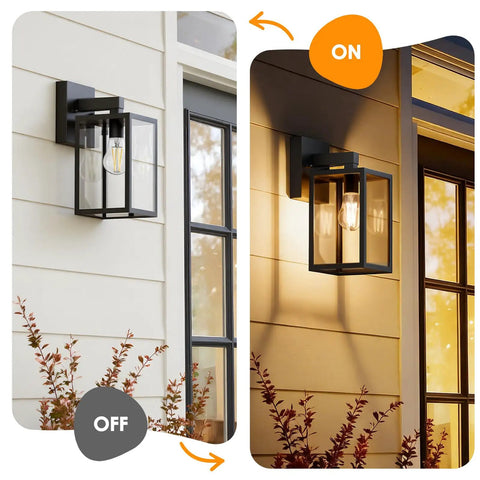 Built Tough Black Outdoor Wall Lantern With Waterproof Exterior Sconce showcasing on/off states, mounted on a porch wall.
