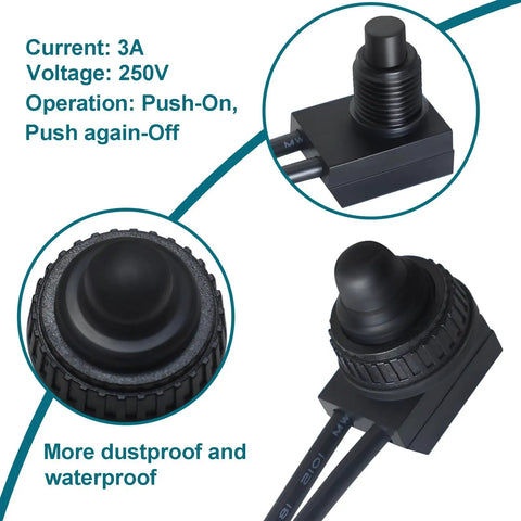 2 Pack 12V Waterproof Push Button Switch On Off SPST Push On Push Off Latching Button Switch With Copper Contacts And Sealed Housing Heavy Duty Automotive Marine Grade Replacement, 10mm black switch