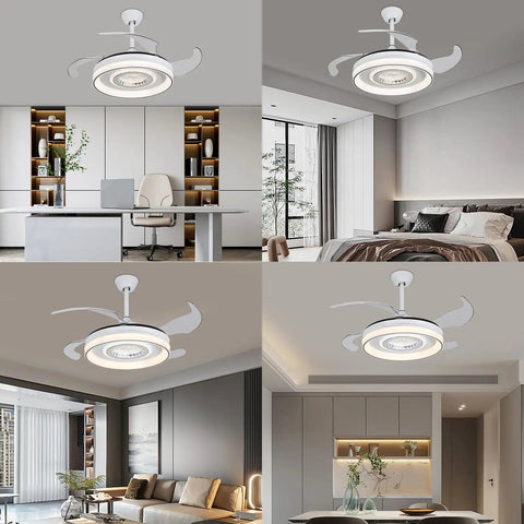Pwefhsdjvh Ceiling Fan with LED Light 6-Speed Remote Control in modern office and living spaces, showcasing sleek design and lighting.