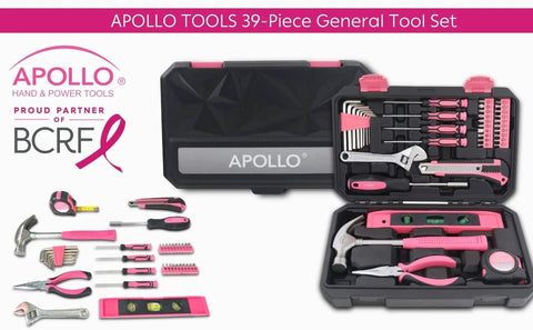 39 Piece General Household Tool Set In Toolbox Storage Case With Essential Hand Tools For Everyday Home Repairs DIY And Crafts Pink Ribbon Edition Includes Hammer Pliers Wrench Tape Measure Utility Knife Magnetic Level And More