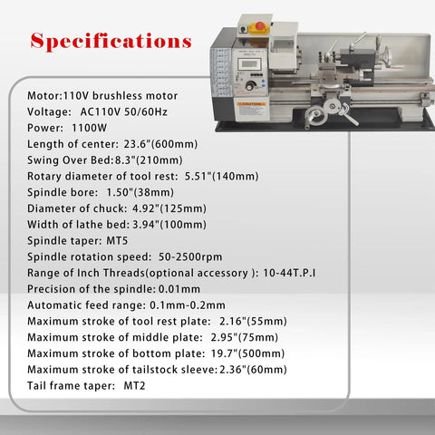 Specifications of Jaryannix 8 X 24 Inch Metal Lathe Benchtop Machine With Variable Speed Up To 2500 Rpm for precision projects.