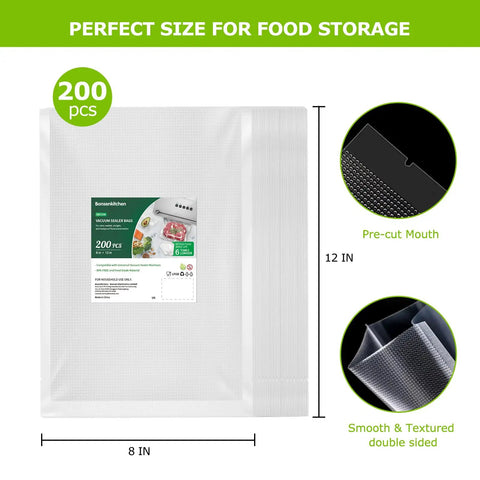 Precut Vacuum Sealer Bags 8x12 Inches Pro Grade BPA Free Textured Embossed Thick For Storage And Sous Vide Cooking