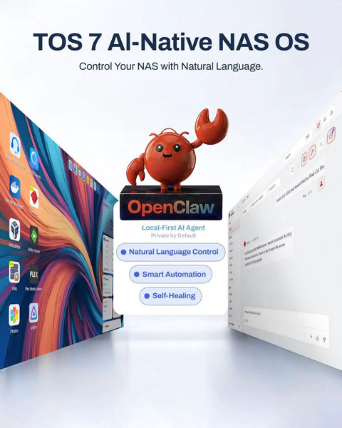 OpenClaw AI agent with TOS 7 interface for Kickass Five Bay Network Attached Storage Rig providing natural language control.