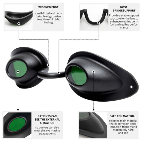 Smoother Fit Ipl Goggles With Hella Durable Uv Eye Protection For Salon Skin Therapy And Beauty Hair Removal Blocks Intense Light Up To Two Thousand Nm Easy Adjust Strap And Zipper Case Included Green showing widened edge and nose bridge support.