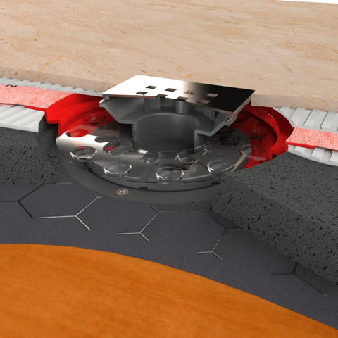 Heavy Duty Water Stop Drain Flashing Set With Adjustable Height Connector For A No Sweat Leak Free Shower Pan Build And Tight Waterproofing Seal Results, showing red polypropylene seal in shower drainage system.