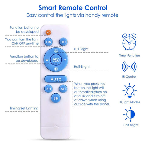 Remote for 100W Solar Flood Light With Remote Control Dusk To Dawn Outdoor Lamp 324 LEDs with various control buttons.