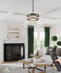 Dope Industrial Caged Ceiling Fan With Light Remote Control in modern living room, dimmable LED ring and quiet copper motor