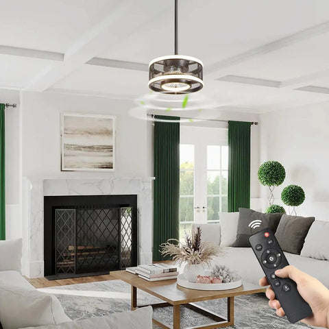 Dope Industrial Caged Ceiling Fan With Light Remote Control in modern living room, dimmable LED ring and quiet copper motor