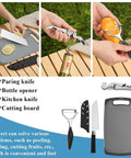 All In One Outdoor Camp Kitchen Gear, 15 Piece Camping Cookware And Utensil Set with knife, bottle opener and cutting board