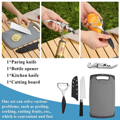 All In One Outdoor Camp Kitchen Gear, 15 Piece Camping Cookware And Utensil Set with knife, bottle opener and cutting board