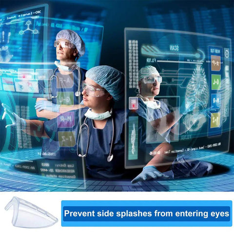 Healthcare professionals using monitors, wearing 30 Pairs Clear Safety Glasses Side Shields, Slip On TPU Shields That Fit Medium.