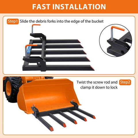 Heavy Duty Beefy Clamp On Debris Forks With Five Fork Tines For 48 Inch Bucket Pallet Attachments Capable Of 2500 Lbs Installation