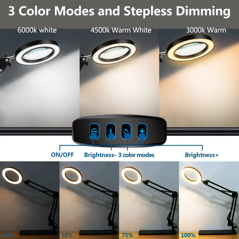 12x Magnifying Glass With Light And Stand showing three color modes and dimming levels with dual function LED magnifier.