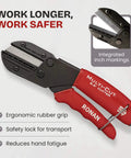 Heavy-duty industrial cutter for plastic, rubber, wood, leather and PEX with safety-lock handle and replaceable blades