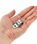 Heavy Duty One Hole 1/2 Emt Straps 100 Pack Zinc Plated Steel Conduit Clamps in hand, showcasing compact size for electrical tubing.