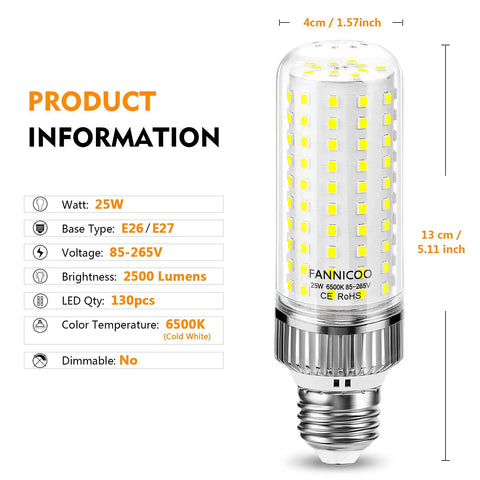 Product information for 25W E26 LED Corn Bulb 200W Equivalent 6500K Cool Daylight White 2500 Lumens, dimensions and specs displayed