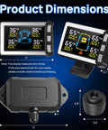 RV Tire Pressure Monitoring System TPMS Sensors Kit Set of 4 For Travel Trailers And Motorhomes, Wireless Tire Monitoring, Real Time Alerts, Easy Install, Durable, Keeps Your Wheels Safe On The Road. 3x2-inch color LCD display and sensor dimensions