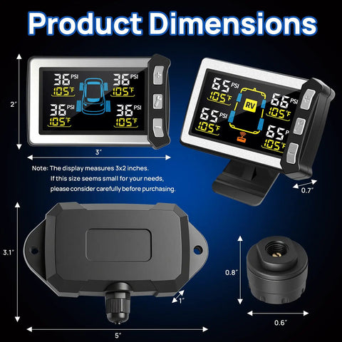 RV Tire Pressure Monitoring System TPMS Sensors Kit Set of 4 For Travel Trailers And Motorhomes, Wireless Tire Monitoring, Real Time Alerts, Easy Install, Durable, Keeps Your Wheels Safe On The Road. 3x2-inch color LCD display and sensor dimensions