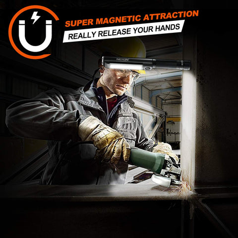 Worker using Ultra Bright Work Light With Magnetic Base And COB Flood Beam 500 Lumens Five Modes Three AAA Battery Powered Handy Handheld Inspection Light for task