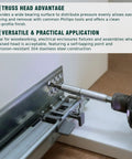 Rock Solid Number 10 Truss Head Screws With Phillips Drive Self Tapping Sheet Metal And Wood Fasteners in use on metal sheet.