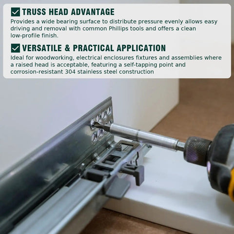 Rock Solid Number 10 Truss Head Screws With Phillips Drive Self Tapping Sheet Metal And Wood Fasteners in use on metal sheet.