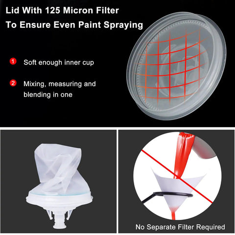 Paint Sprayer Kit With Quick Mixing Cup, HVLP Spray Gun, lid with 125 micron filter, disposable cup, blending feature.