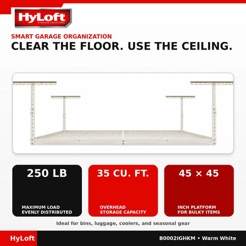 Keep That Garage Floor Clear Heavy Duty Overhead Storage Rack Adjustable Ceiling Mount 45 By 45 Inch Steel Hanging Shelf Stack Your Gear Top Tier Space Saving Organizer Built To Handle Two Hundred Fifty Pounds