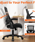 Ergonomic Mesh Office And Gaming Chair With High Back Rolling Casters All Day Comfort Adjustable Lumbar Support Waterfall Seat Flip Up Armrests Height Adjustable Ideal For Home Office And Gaming Black showcasing tilt, armrest, and height adjustments