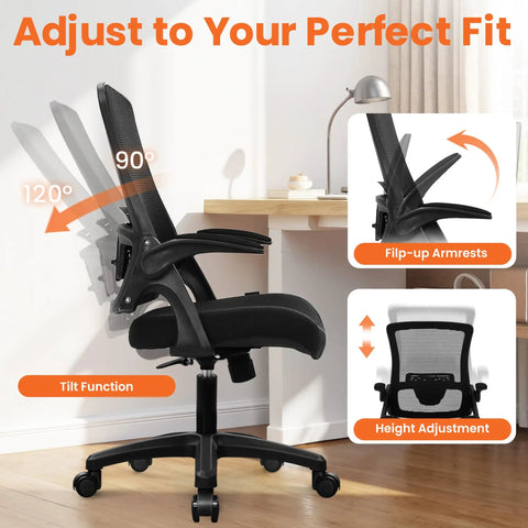 Ergonomic Mesh Office And Gaming Chair With High Back Rolling Casters All Day Comfort Adjustable Lumbar Support Waterfall Seat Flip Up Armrests Height Adjustable Ideal For Home Office And Gaming Black showcasing tilt, armrest, and height adjustments