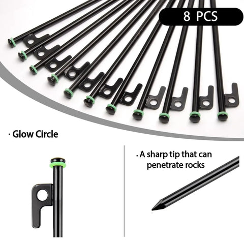 Heavy Duty 8 Inch Tent Stakes Set With Metal Pegs Fluorescent Silicone Rings And Storage Bag For Camping Built Tough Durable Forged Steel Corrosion Resistant Sharp Point For Strong Holding Power In Tough Ground
