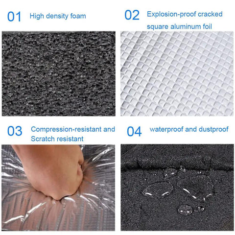 Badass Heavy Duty Heat Shield And Sound Deadening Insulation Mat For Street Car Hood Engine Roof Door Trunk 40 By 60 Inch Foam Core Aluminum Foil Blocker details showing high density foam, aluminum foil, and waterproof features.