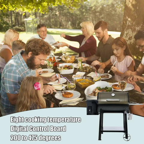 Family dining outdoors with Upgrade Control Board Replacement For Pellet Grills With 8 Temperature Settings Digital Control Panel Kit