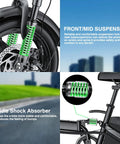 Front suspension and shock absorber details on Dope Folding Electric Bike For Adults And Teens, Ultra Compact 14 Inch Ebike.