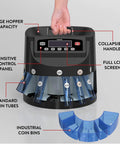 Coin Counter Machine Sorter For Change With Wrapper Roller, Auto Sorts Up To 300 Coins Per Minute, displaying control panel and handle